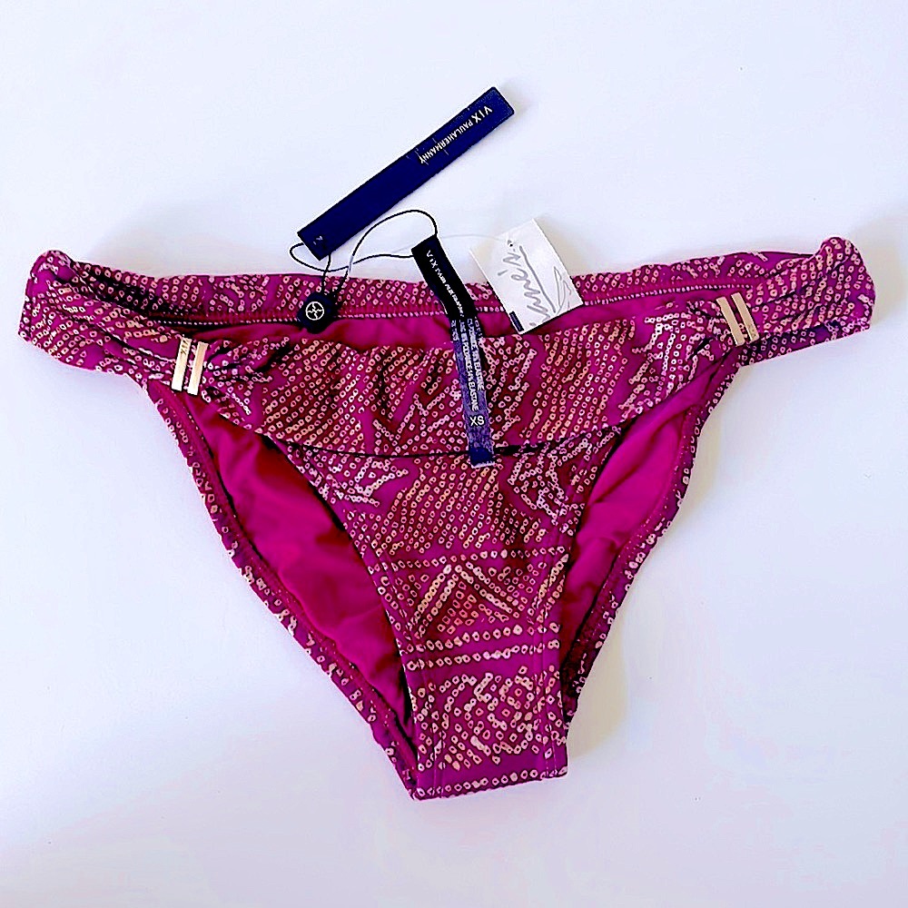 NWT VIX magenta gold print double roll waistband Paula Hermanny swim bottoms XS